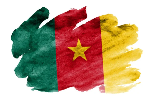Flaga Kamerunu Jest Przedstawiony Stylu Przypominającym Akwarele Cieczy Białym Tle — Zdjęcie stockowe