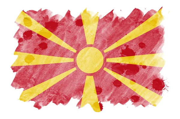 Makedonya Bayrak Beyaz Arka Plan Üzerinde Izole Sıvı Suluboya Tarzında — Stok fotoğraf