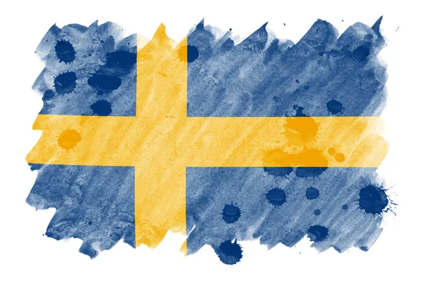 Sverige Flagga Avbildad Flytande Akvarell Stil Isolerad Vit Bakgrund Slarvig — Stockfoto