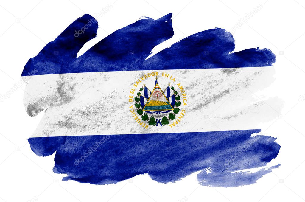 El Salvador flag  is depicted in liquid watercolor style isolated on white background. Careless paint shading with image of national flag. Independence Day banner