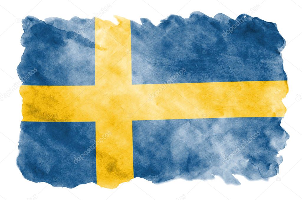 Sweden flag  is depicted in liquid watercolor style isolated on white background. Careless paint shading with image of national flag. Independence Day banner