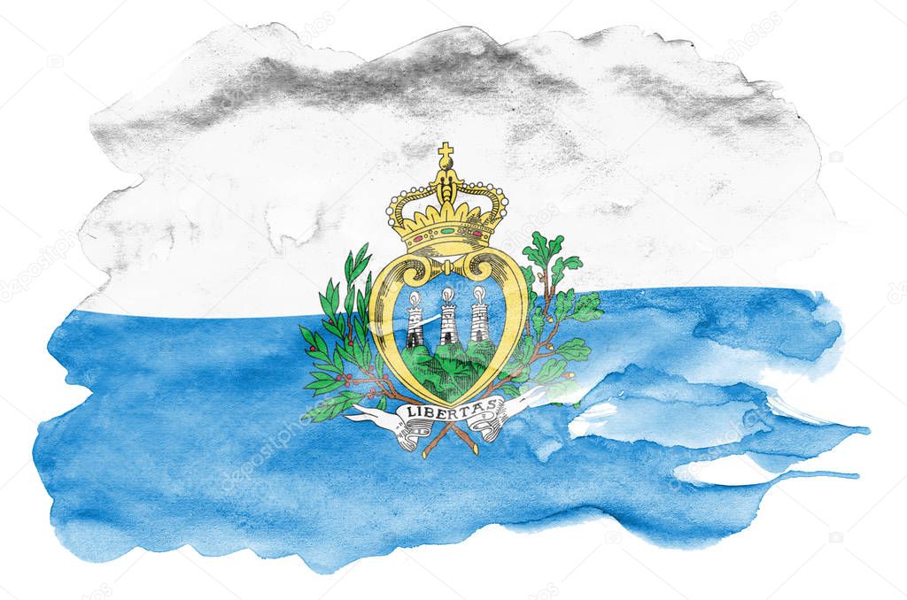 San Marino flag  is depicted in liquid watercolor style isolated on white background. Careless paint shading with image of national flag. Independence Day banner
