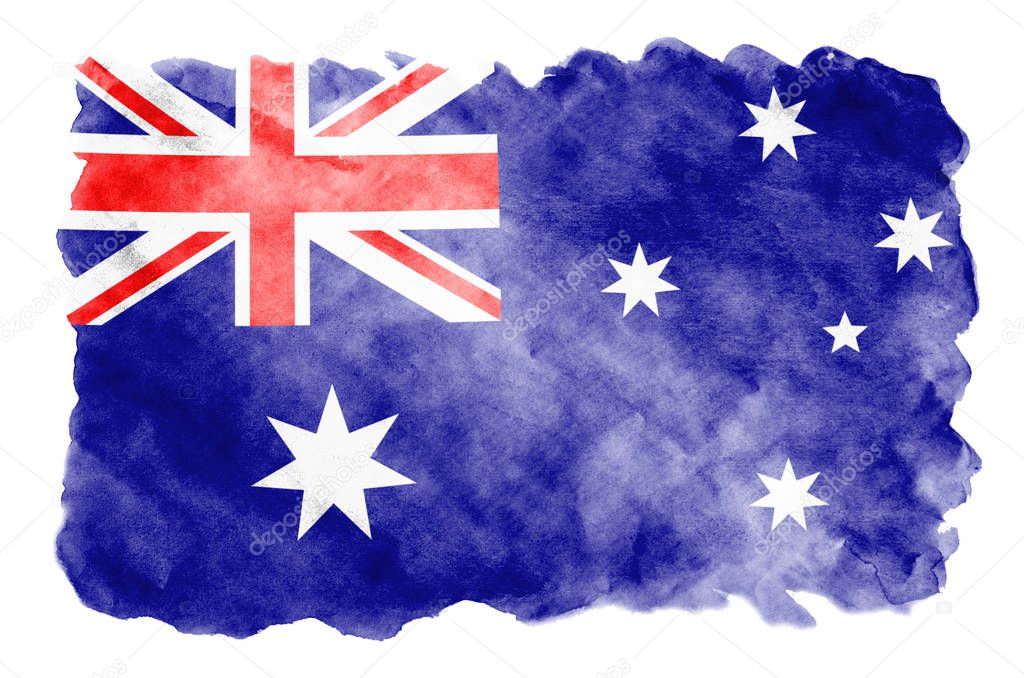 Australia flag  is depicted in liquid watercolor style isolated on white background. Careless paint shading with image of national flag. Independence Day banner