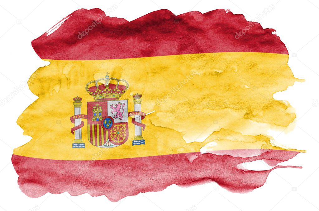 Spain flag  is depicted in liquid watercolor style isolated on white background. Careless paint shading with image of national flag. Independence Day banner
