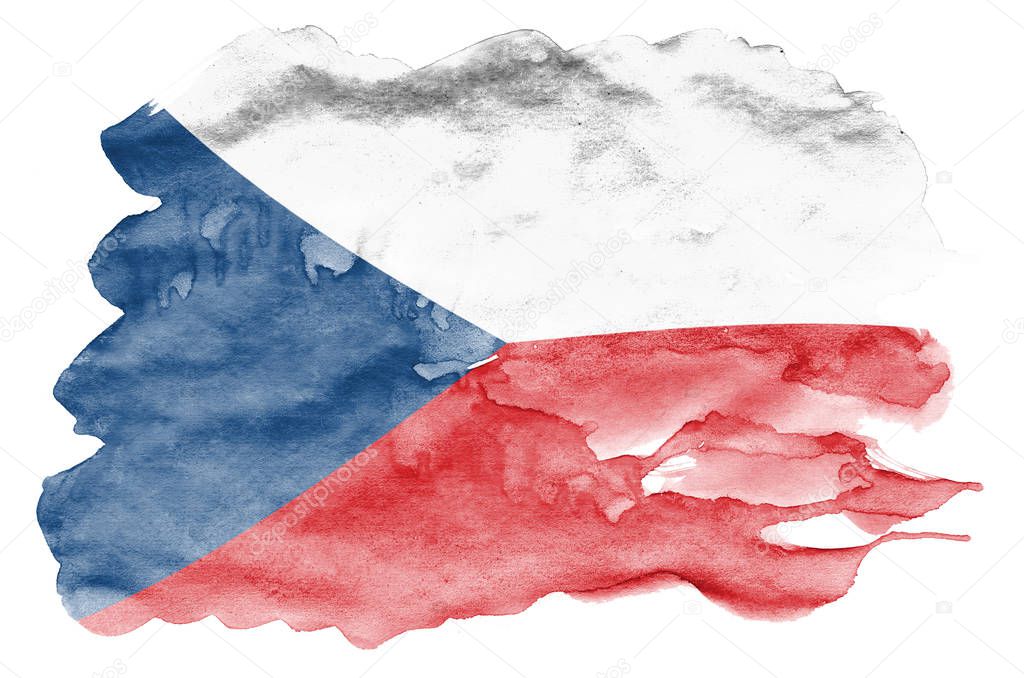 Czech flag  is depicted in liquid watercolor style isolated on white background. Careless paint shading with image of national flag. Independence Day banner