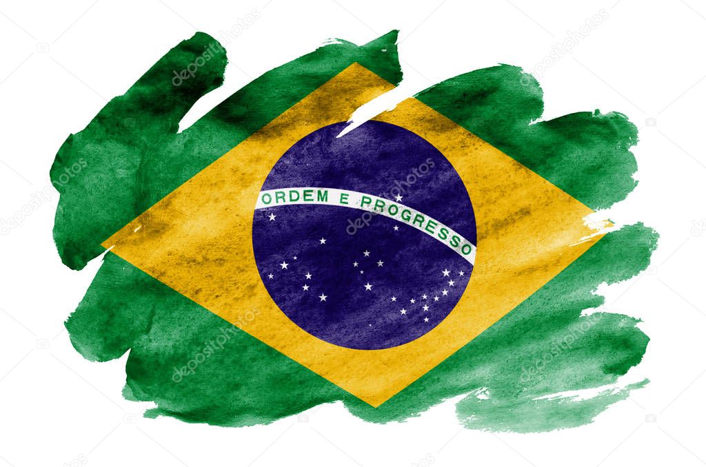Brazil flag  is depicted in liquid watercolor style isolated on white background. Careless paint shading with image of national flag. Independence Day banner