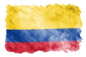 Vlajka Kolumbie je líčen v tekutý akvarel styl izolovaných na bílém pozadí. Neopatrný Barva stínování s obrazem státní vlajky. Den nezávislosti nápis