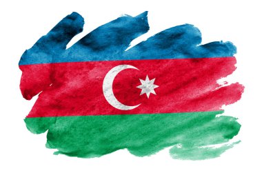 Azerbaycan bayrağı sıvı suluboya tarzında beyaz arka plan üzerinde izole tasvir edilir. Ulusal bayrak görüntüsü ile dikkatsiz boya gölgelendirme. Bağımsızlık günü afiş