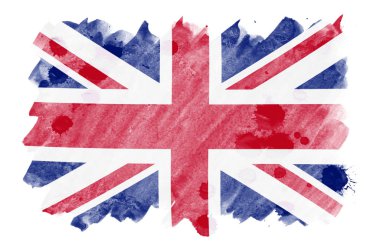 Büyük Britanya bayrağı sıvı suluboya tarzında beyaz arka plan üzerinde izole tasvir edilir. Ulusal bayrak görüntüsü ile dikkatsiz boya gölgelendirme. Bağımsızlık günü afiş