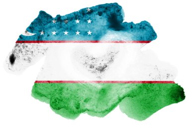 Özbekistan bayrağı sıvı suluboya tarzında beyaz arka plan üzerinde izole tasvir edilir. Ulusal bayrak görüntüsü ile dikkatsiz boya gölgelendirme. Bağımsızlık günü afiş