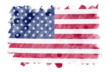 Amerika Birleşik Devletleri bayrağı sıvı suluboya tarzında beyaz arka plan üzerinde izole tasvir edilir. Ulusal bayrak görüntüsü ile dikkatsiz boya gölgelendirme. Bağımsızlık günü afiş
