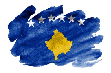 Kosova bayrağı sıvı suluboya tarzında beyaz arka plan üzerinde izole tasvir edilir. Ulusal bayrak görüntüsü ile dikkatsiz boya gölgelendirme. Bağımsızlık günü afiş