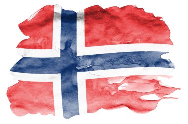 Norveç bayrağı sıvı suluboya tarzında beyaz arka plan üzerinde izole tasvir edilir. Ulusal bayrak görüntüsü ile dikkatsiz boya gölgelendirme. Bağımsızlık günü afiş