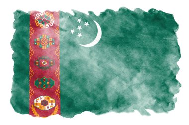 Türkmenistan bayrağı sıvı suluboya tarzında beyaz arka plan üzerinde izole tasvir edilir. Ulusal bayrak görüntüsü ile dikkatsiz boya gölgelendirme. Bağımsızlık günü afiş