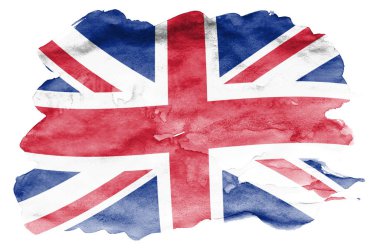 Büyük Britanya bayrağı sıvı suluboya tarzında beyaz arka plan üzerinde izole tasvir edilir. Ulusal bayrak görüntüsü ile dikkatsiz boya gölgelendirme. Bağımsızlık günü afiş
