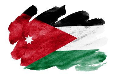 Jordan bayrak beyaz arka plan üzerinde izole sıvı suluboya tarzında resmedilmiş. Ulusal bayrak görüntüsü ile dikkatsiz boya gölgelendirme. Bağımsızlık günü afiş