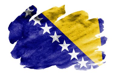 Bosna-Hersek bayrağı sıvı suluboya tarzında beyaz arka plan üzerinde izole tasvir edilir. Ulusal bayrak görüntüsü ile dikkatsiz boya gölgelendirme. Bağımsızlık günü afiş