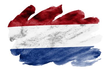 Hollanda bayrağı sıvı suluboya tarzında beyaz arka plan üzerinde izole tasvir edilir. Ulusal bayrak görüntüsü ile dikkatsiz boya gölgelendirme. Bağımsızlık günü afiş