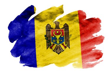 Moldova bayrağı sıvı suluboya tarzında beyaz arka plan üzerinde izole tasvir edilir. Ulusal bayrak görüntüsü ile dikkatsiz boya gölgelendirme. Bağımsızlık günü afiş