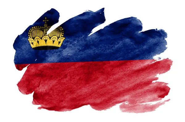 Flaga Liechtensteinu Jest Przedstawiony Stylu Przypominającym Akwarele Cieczy Białym Tle — Zdjęcie stockowe