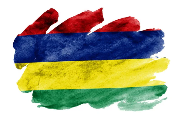 Bandiera Mauritius Raffigurato Stile Acquerello Liquido Isolato Sfondo Bianco Dipingente — Foto Stock