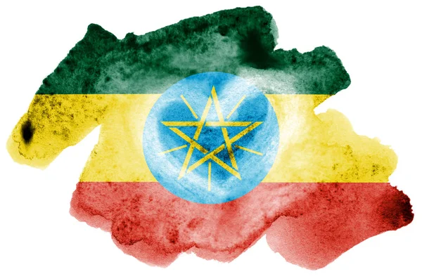 Vlag Van Ethiopië Afgebeeld Vloeibare Waterverf Stijl Geïsoleerd Een Witte — Stockfoto