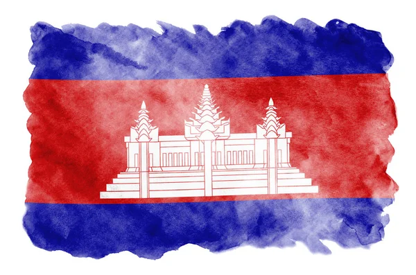 柬埔寨国旗描绘的液体水彩风格隔离在白色背景 漫不经心的油漆底纹与国旗的形象 独立日横幅 — 图库照片