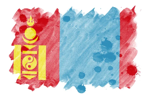 Bandeira Mongólia Retratada Estilo Aquarela Líquido Isolado Fundo Branco Tinta — Fotografia de Stock
