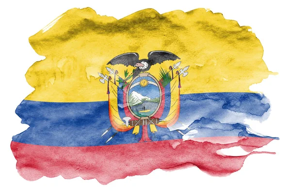 Flaga Ekwadoru Jest Przedstawiony Stylu Przypominającym Akwarele Cieczy Białym Tle — Zdjęcie stockowe