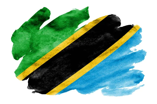 Прапор Танзанії Зображена Рідкі Аквареллю Стилі Ізольовані Білому Тлі Затінення — стокове фото