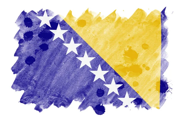 Bandeira Bósnia Herzegovina Retratada Estilo Aquarela Líquida Isolada Fundo Branco — Fotografia de Stock