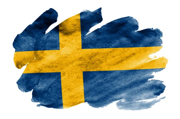 Flaga Szwecji Jest Przedstawiony Stylu Przypominającym Akwarele Cieczy Białym Tle — Zdjęcie stockowe