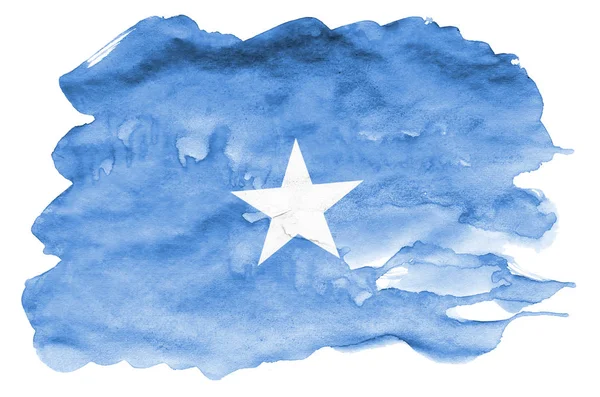 Flaga Somalii Jest Przedstawiony Stylu Przypominającym Akwarele Cieczy Białym Tle — Zdjęcie stockowe