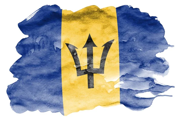 Barbados Flagga Avbildad Flytande Akvarell Stil Isolerad Vit Bakgrund Slarvig — Stockfoto