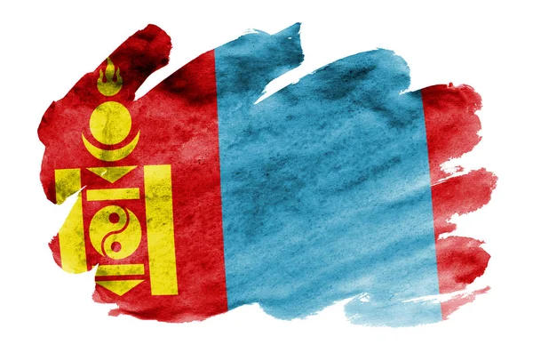 Vlag Van Mongolië Afgebeeld Vloeibare Waterverf Stijl Geïsoleerd Een Witte — Stockfoto