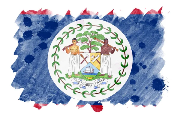 伯利兹国旗描绘在白色背景上隔离的液体水彩风格 漫不经心的油漆底纹与国旗的形象 独立日横幅 — 图库照片
