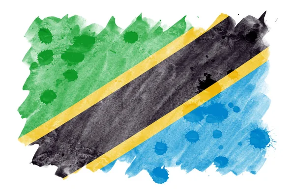 Прапор Танзанії Зображена Рідкі Аквареллю Стилі Ізольовані Білому Тлі Затінення — стокове фото