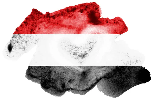Flaga Jemenu Jest Przedstawiony Stylu Przypominającym Akwarele Cieczy Białym Tle — Zdjęcie stockowe