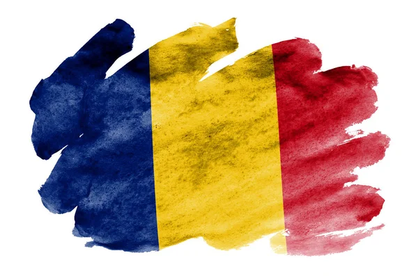罗马尼亚国旗描绘在白色背景隔离的液体水彩样式 漫不经心的油漆底纹与国旗的形象 独立日横幅 — 图库照片