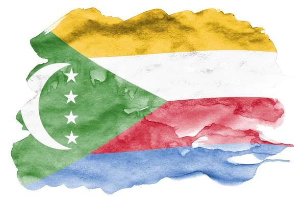 Vlag Van Comoren Afgebeeld Vloeibare Waterverf Stijl Geïsoleerd Een Witte — Stockfoto