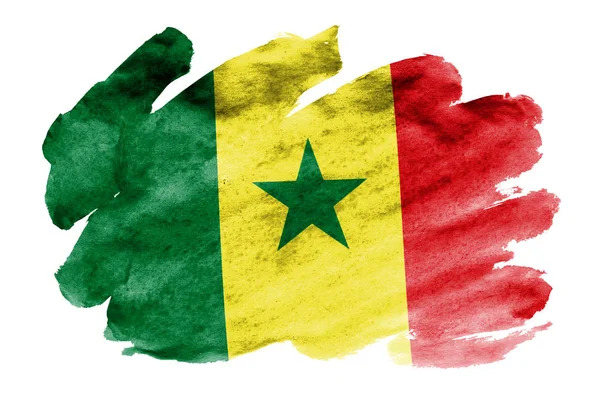 Flaga Senegalu Jest Przedstawiony Stylu Przypominającym Akwarele Cieczy Białym Tle — Zdjęcie stockowe