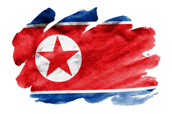 朝鲜国旗描绘的是在白色背景上隔离的液体水彩风格 漫不经心的油漆底纹与国旗的形象 独立日横幅 — 图库照片