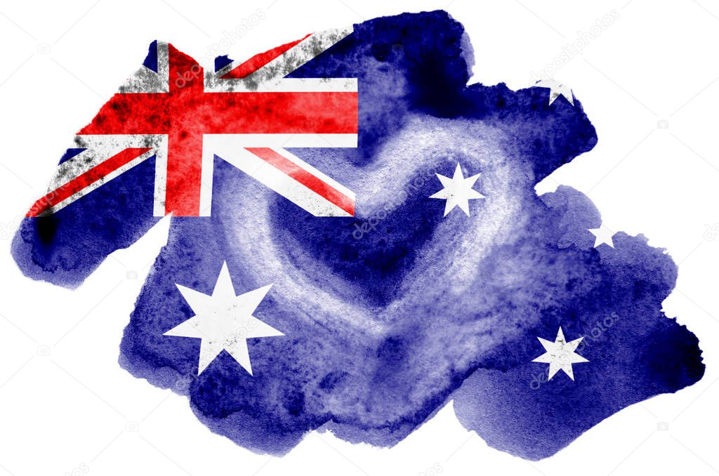 Australia flag  is depicted in liquid watercolor style isolated on white background. Careless paint shading with image of national flag. Independence Day banner
