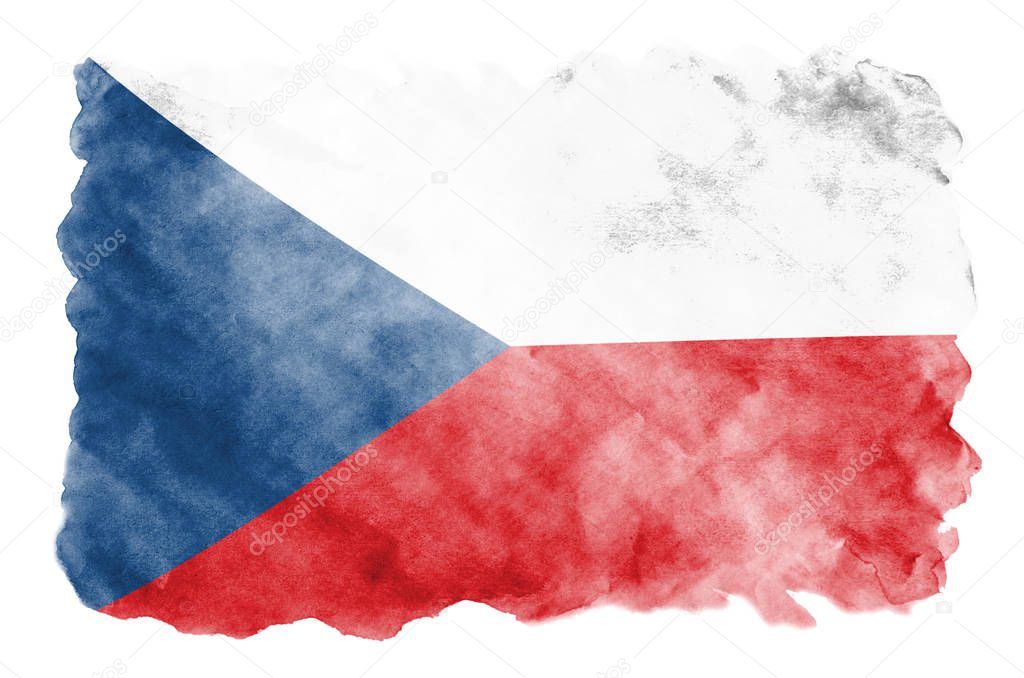 Czech flag  is depicted in liquid watercolor style isolated on white background. Careless paint shading with image of national flag. Independence Day banner