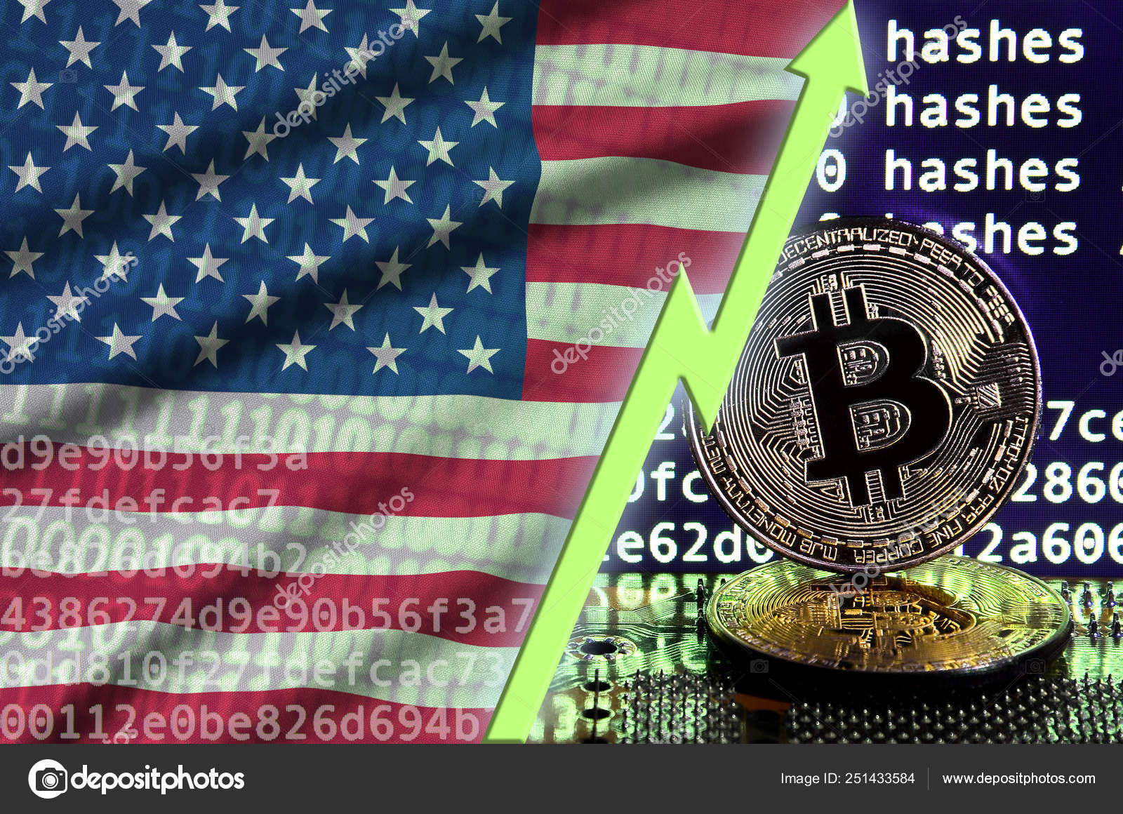 United States Of America Flag And Rising Green Arrow On Bitcoin - 