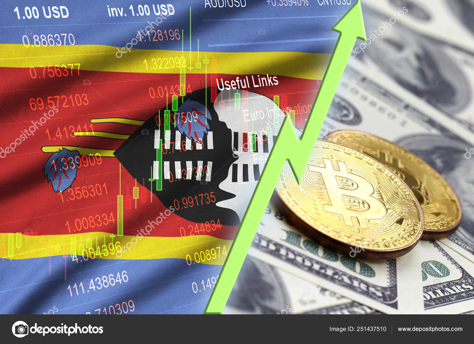 斯威士兰国旗和加密货币增长的趋势与两个比特币美元钞票—— 库存社论照片© Mehaniq #251437510