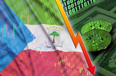 Ekvator Ginesi bayrak ve eğilim iki bitcoins ile düşen dolar faturaları ve ikili kod görüntü cryptocurrency