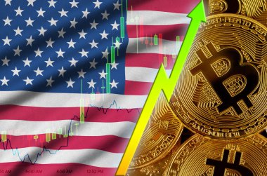 Amerika Birleşik Devletleri bayrağı ve eğilim birçok altın bitcoins ile büyüyen cryptocurrency