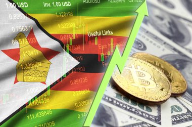 Zimbabve bayrağı ve eğilim ile iki bitcoins dolar faturaları üzerinde büyüyen cryptocurrency