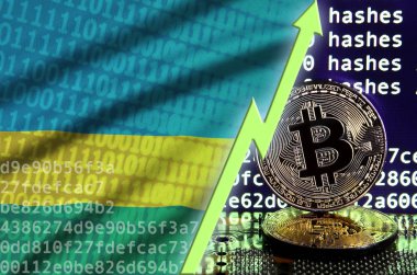 Ruanda bayrak ve bitcoin araştırma ekran ve iki fiziksel altın bitcoins yükselen Yeşil ok